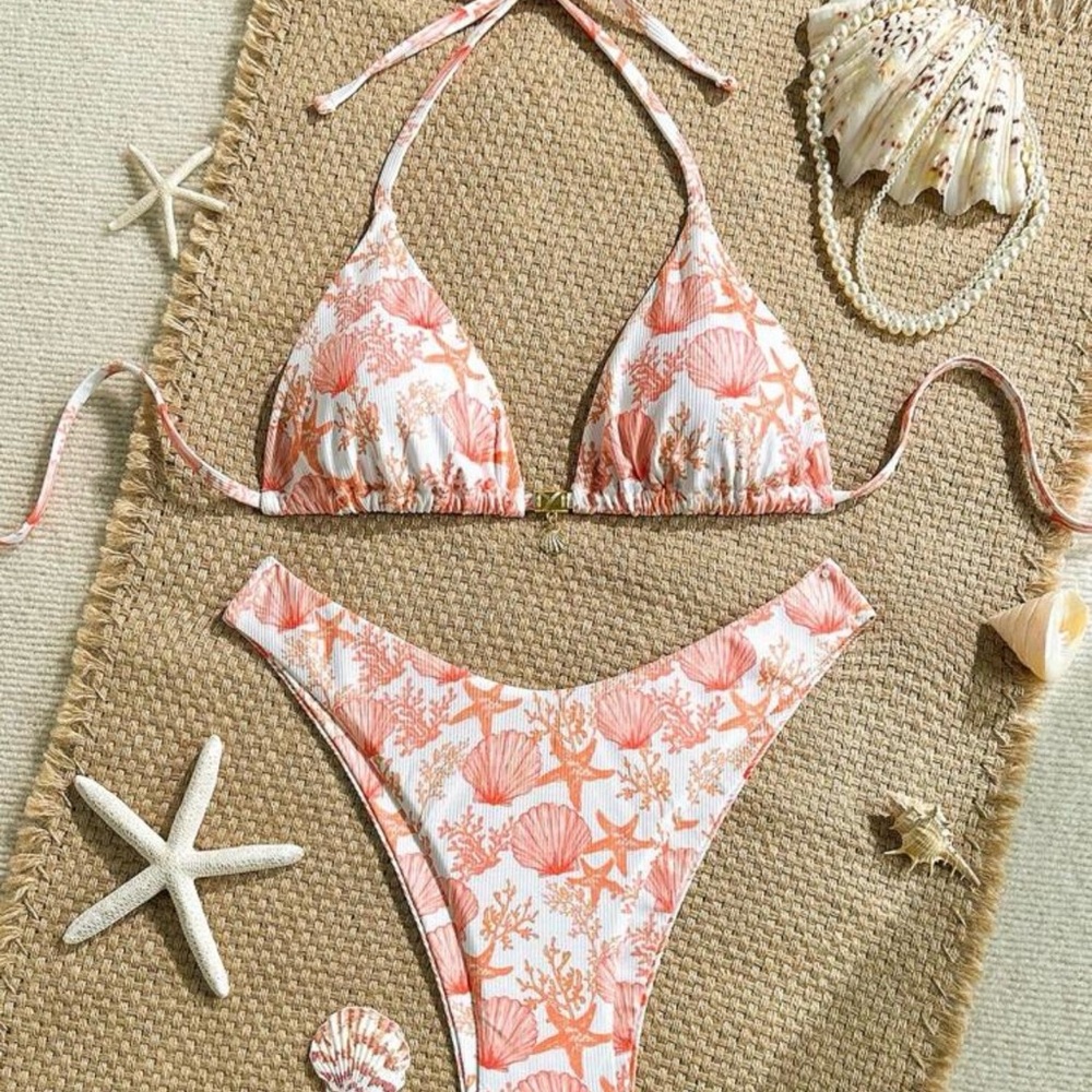 Coral and White Seashell Bikini Set